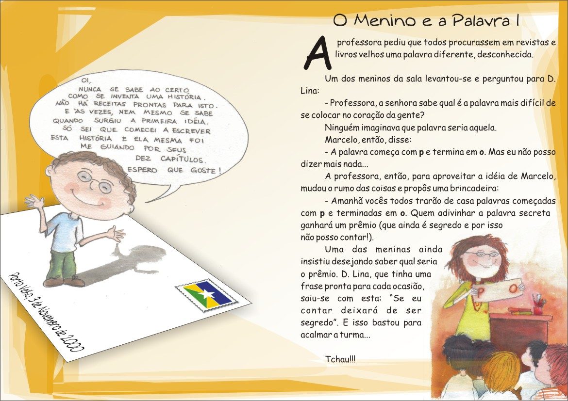 Página do material do aluno da narrativa O Menino e a Palavra, com a seção de carta e a seção narrativa